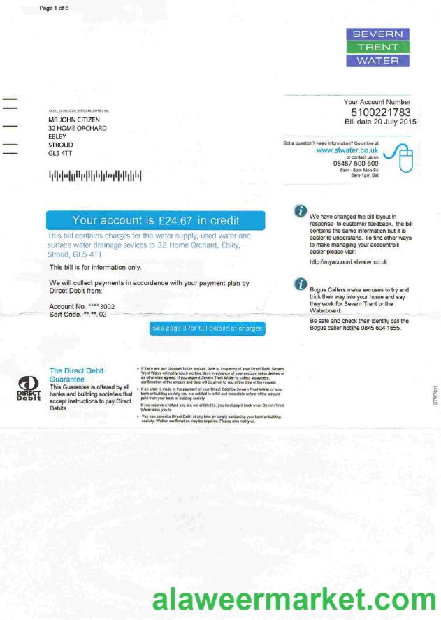 United Kingdom Severn Trent Water utility bill template, fully editable in PSD format